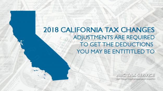 Image of the state of California next to text that reads: 2018 California Tax Changes, adjustments are required to get the deductions you may be entitled to