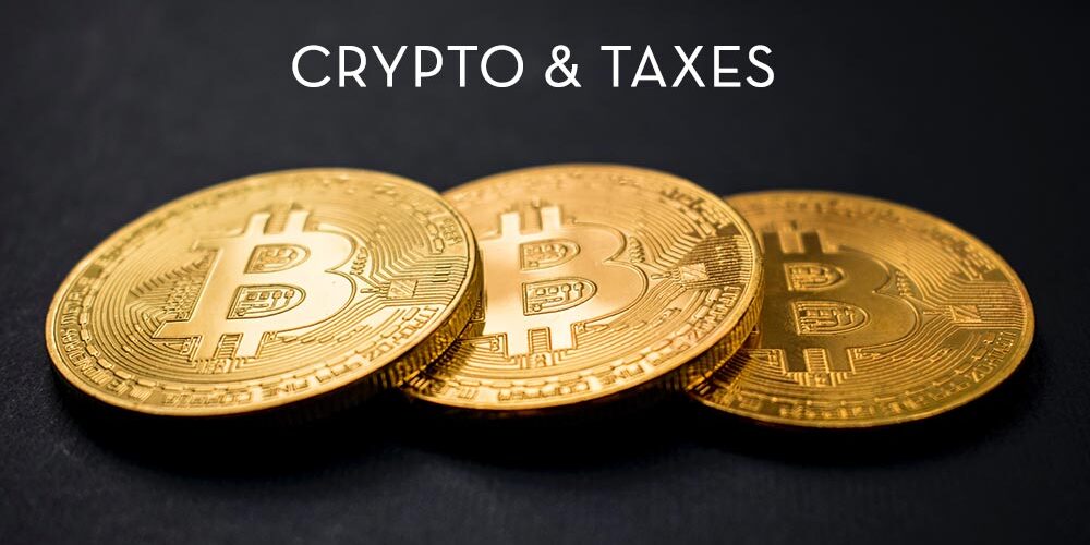 3 physical coins with the bitcoin logo on them. Text reads: Crypto & Taxes