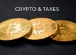 3 physical coins with the bitcoin logo on them. Text reads: Crypto & Taxes